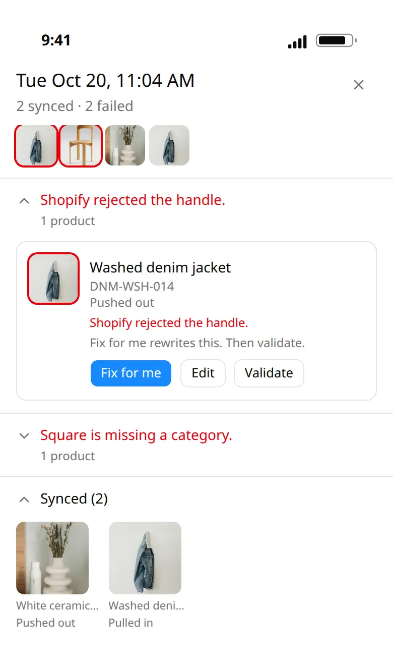A failed sync, with Fix for me on the item Shopify rejected